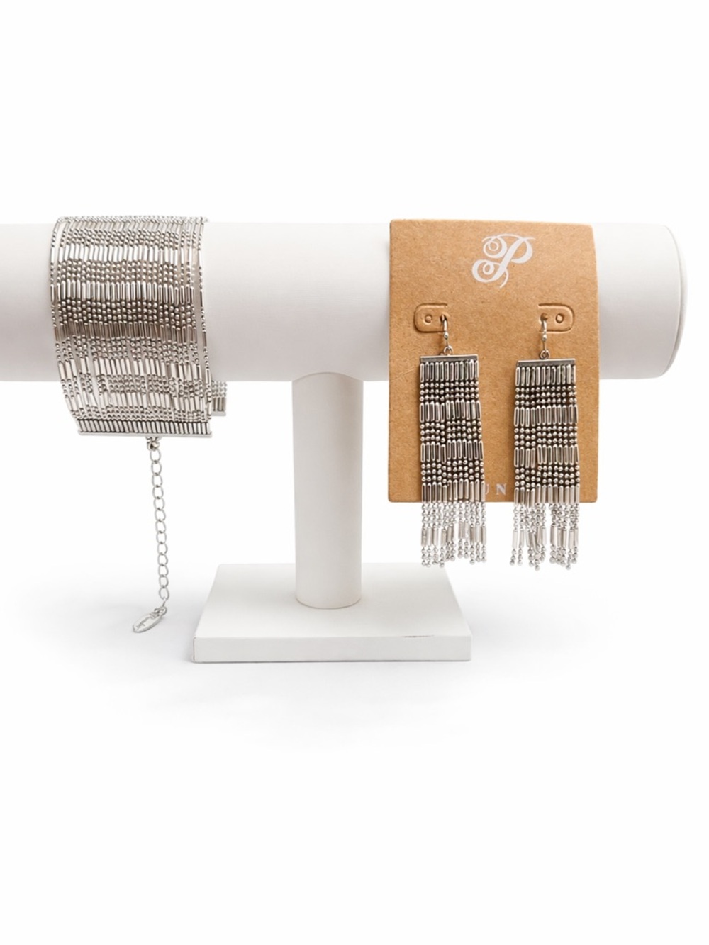 Silver Fringe Statement Earrings + Wide Chain Bracelet Set Boho Western Plunder